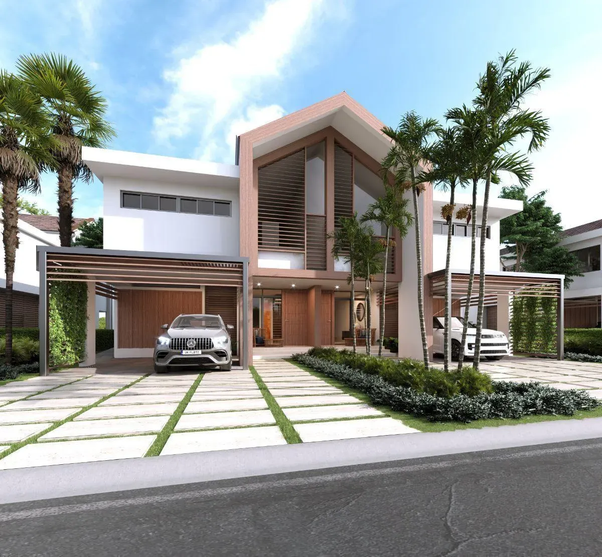 Fachada frontal de la casa de proyecto Villas Casa Bonita en Cocotal Punta Cana