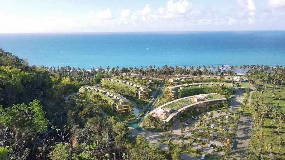 Vista de drone renderizada del proyecto Silver Beach Las Terrenas