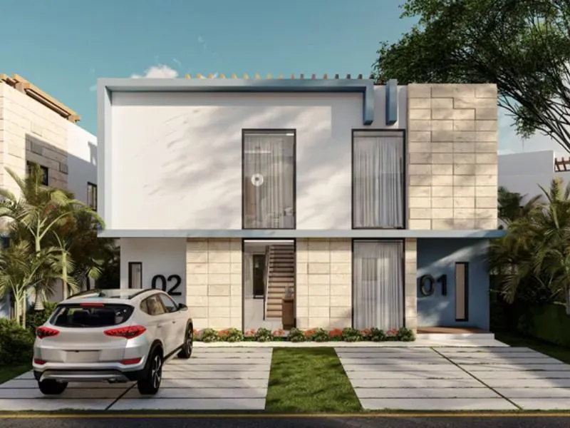 Fachada frontal villas townhouses Lake Life Punta Cana