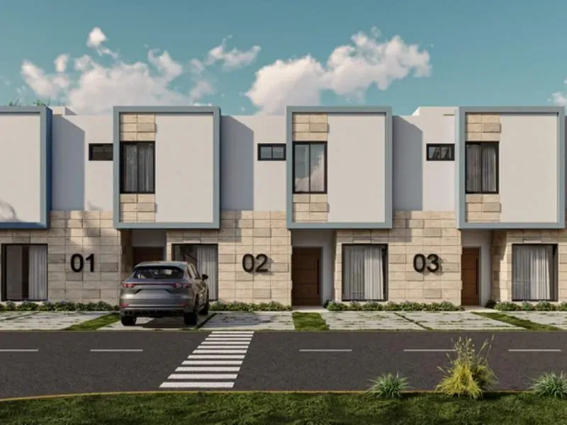 Fachada del bloque de townhouses en Lake Life Punta Cana